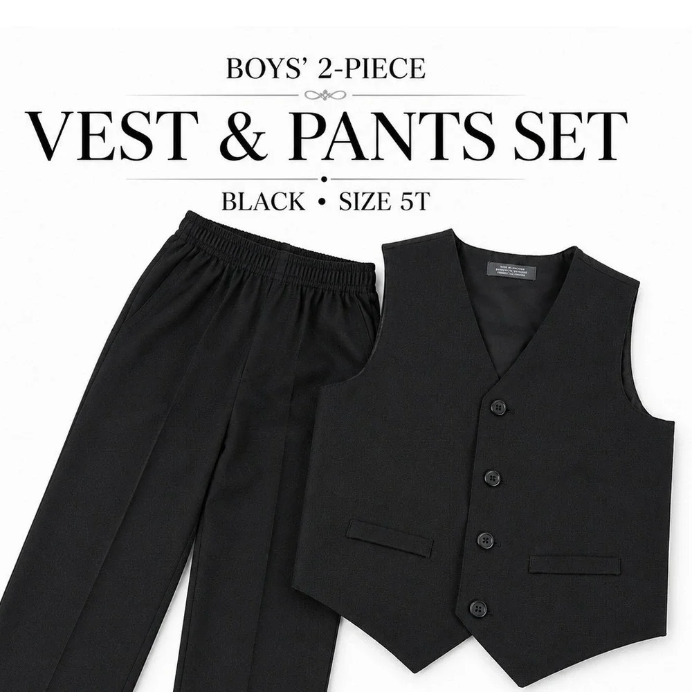 Van Heusen Boys Black Vest and Dress Pants Set Size 5T Formal Wedding Suit 2pc